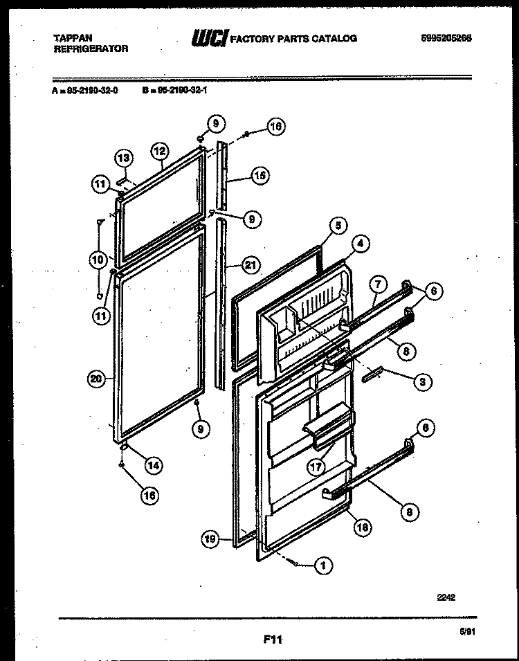 DOOR PARTS Diagram and Parts List for 95-2190-32-00  Tappan Refrigerator