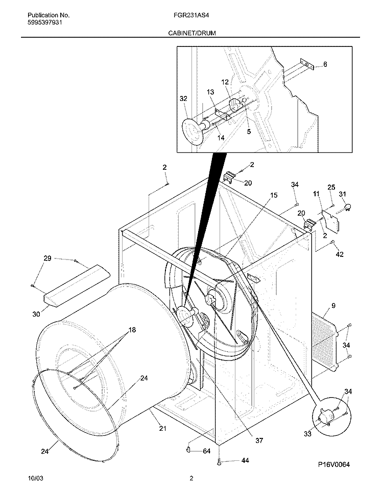 CABINET / DRUM Diagram and Parts List for FGR231AS4  Frigidaire Dryer