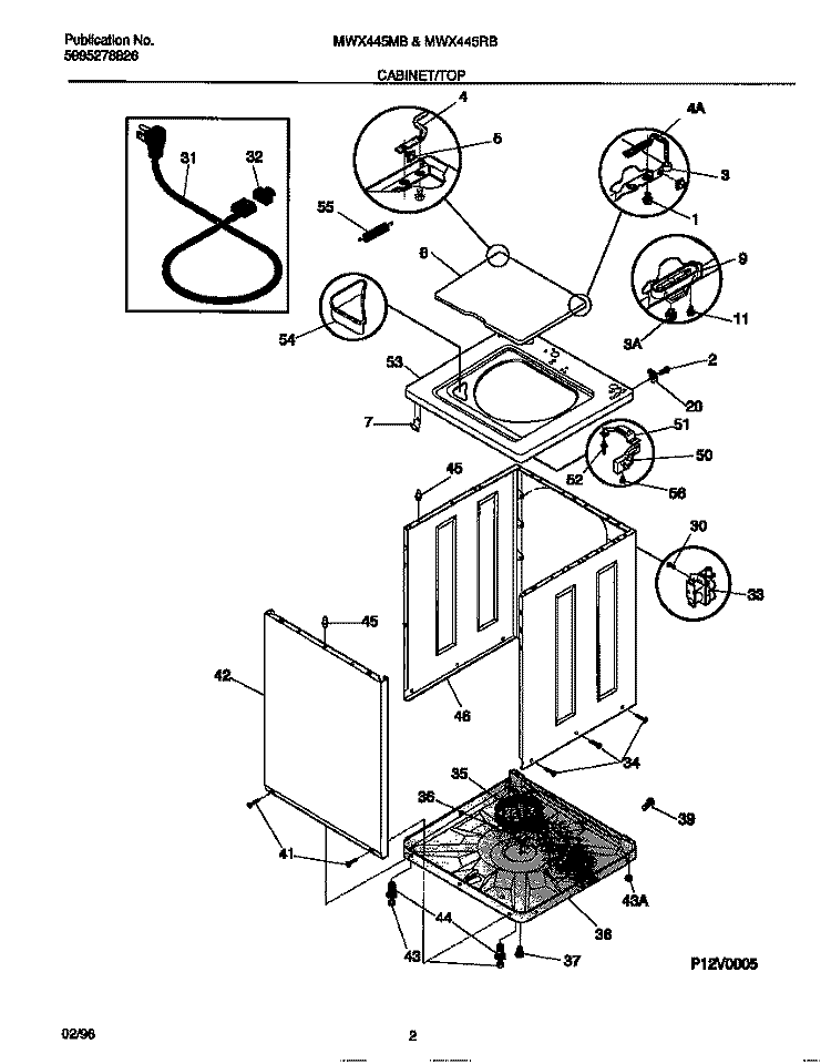 CABINET / TOP Diagram and Parts List for MWX445RBW4  Frigidaire Washer