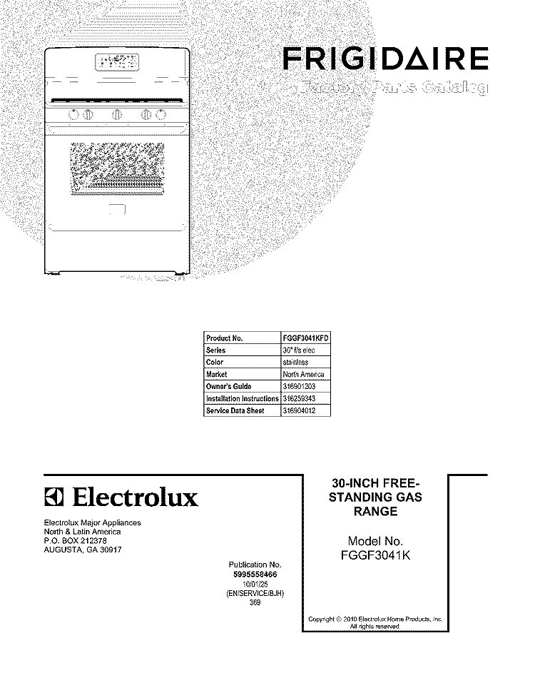 COVER Diagram and Parts List for FGGF3041KFD  Frigidaire Range