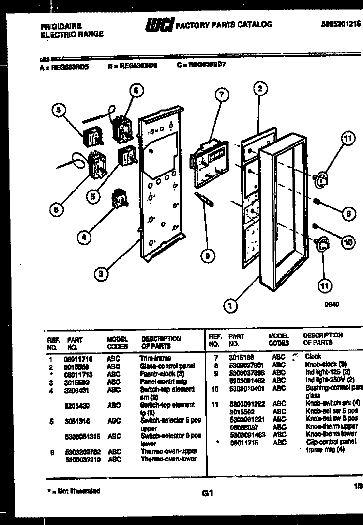 CONTROL PANEL Diagram and Parts List for REG638BDL5  Frigidaire Range