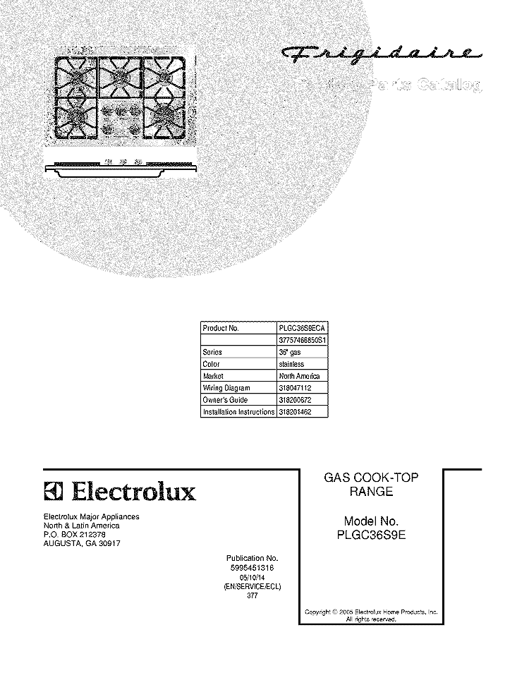 COVER Diagram and Parts List for PLGC36S9ECA  Frigidaire Cooktop