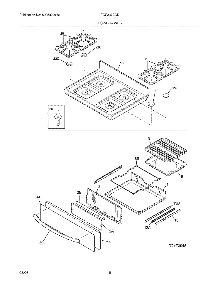 TOP / DRAWER Diagram and Parts List for FGF337ECD  Frigidaire Range