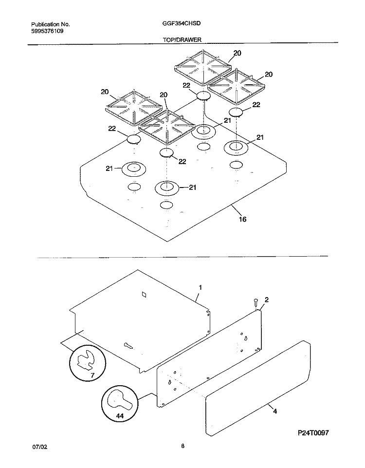 TOP / DRAWER Diagram and Parts List for GGF354CHSD  Gibson Range