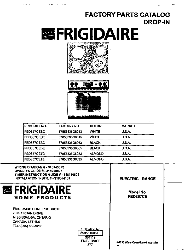 COVER Diagram and Parts List for FED367CESC  Frigidaire Range