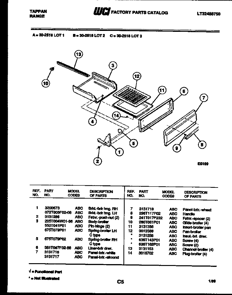 BROILER DRAWER PARTS Diagram and Parts List for 30-2518-00-03  Tappan Range