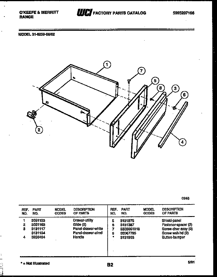 DRAWER PARTS Diagram and Parts List for 31-6239-00-02  Tappan Range