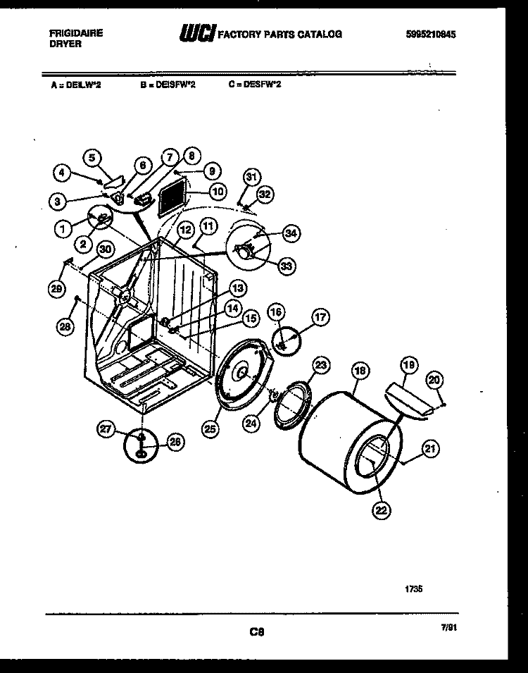 CABINET AND COMPONENT PARTS Diagram and Parts List for DEISFW2  Frigidaire Dryer