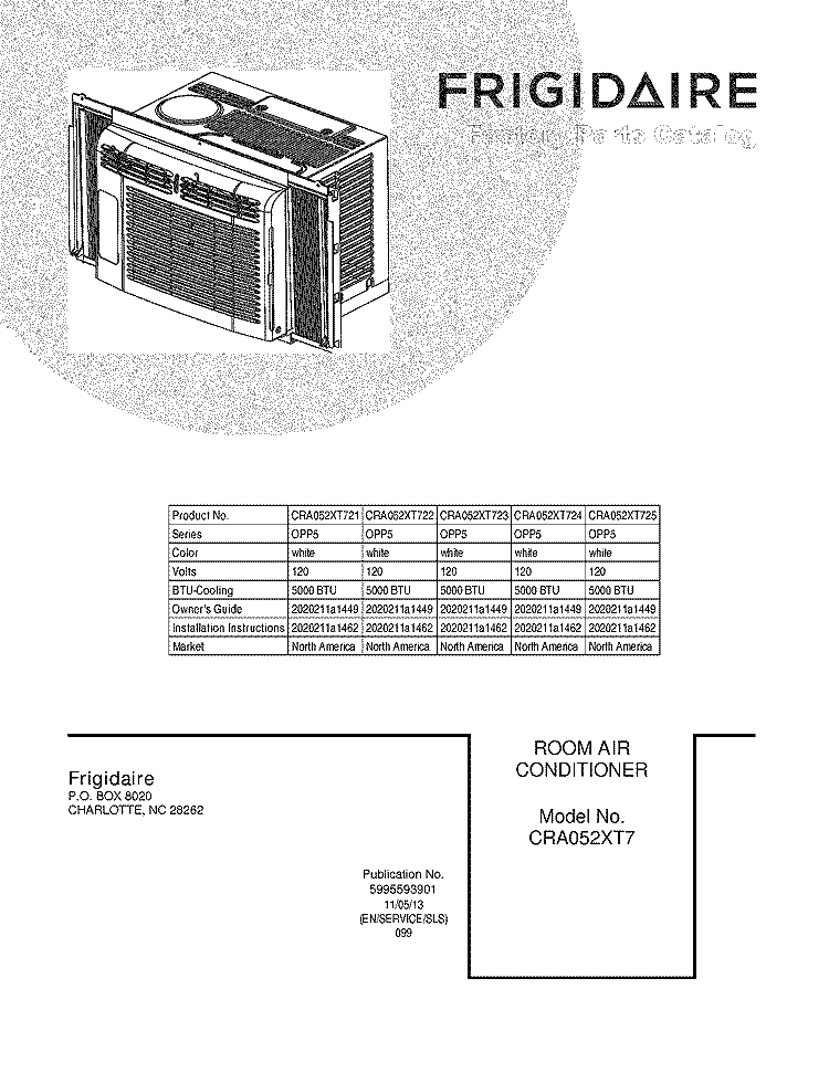 COVER Diagram and Parts List for CRA052XT723  Frigidaire Air Conditioner