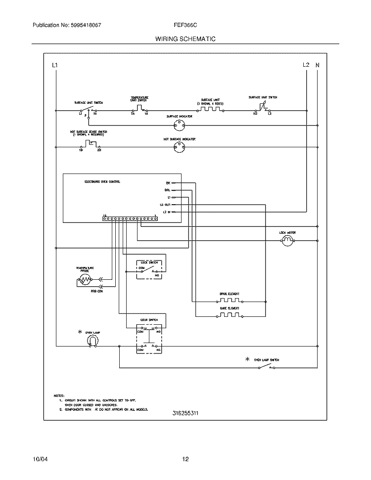 WIRING SCHEMATIC Diagram and Parts List for FEF366CBG  Frigidaire Range