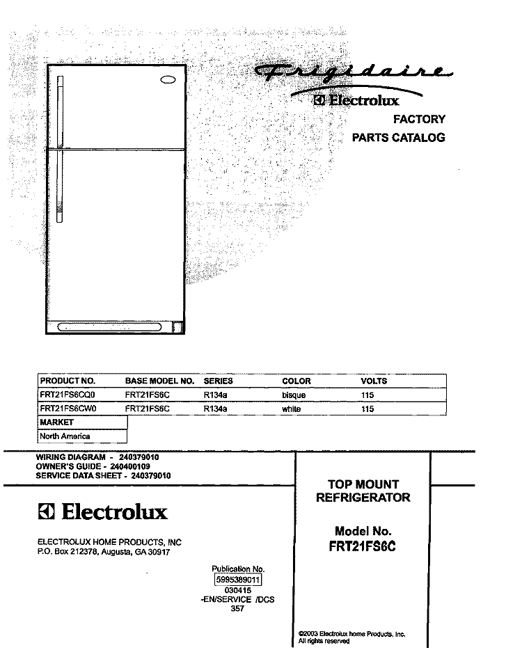 COVER Diagram and Parts List for FRT21FS6CW0  Frigidaire Refrigerator