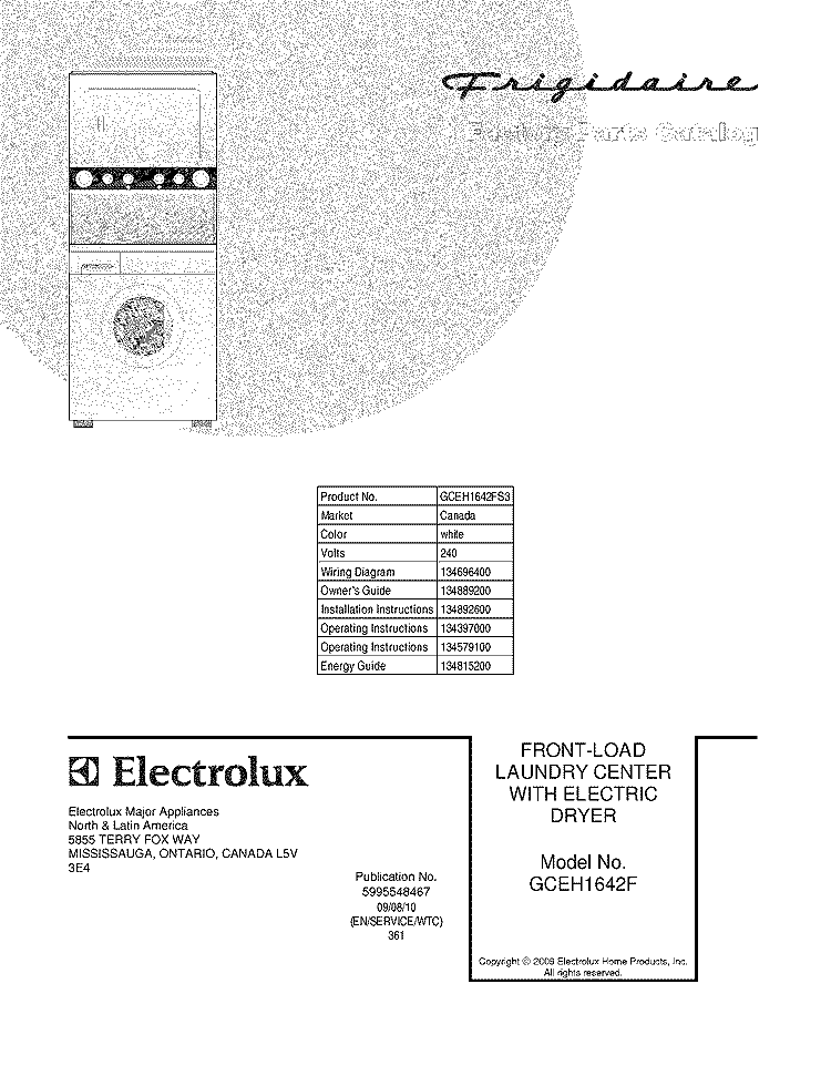 COVER Diagram and Parts List for GCEH1642FS3  Frigidaire Washer Dryer Combo