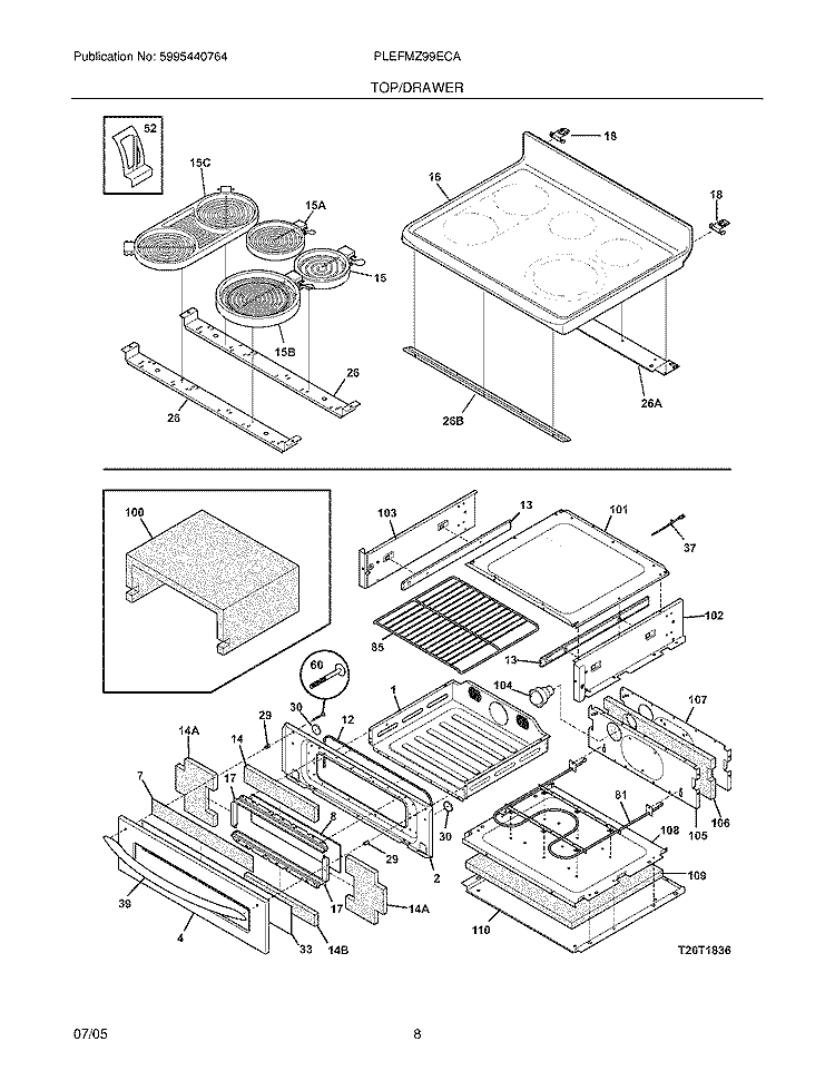 TOP / DRAWER Diagram and Parts List for PLEFMZ99ECA  Frigidaire Range