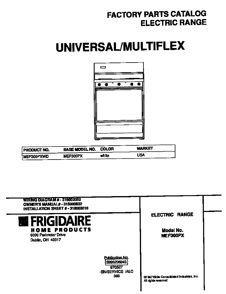 COVER Diagram and Parts List for MEF300PXWD  Frigidaire Range