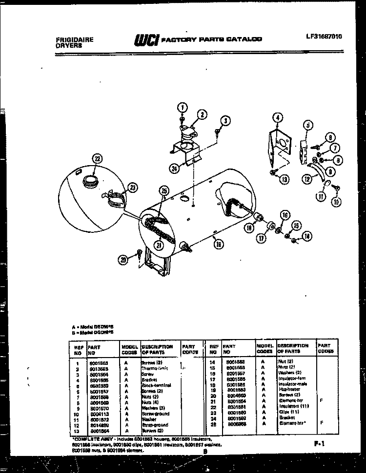 ELEMENT AND HOUSING PARTS Diagram and Parts List for DEDML6  Frigidaire Dryer