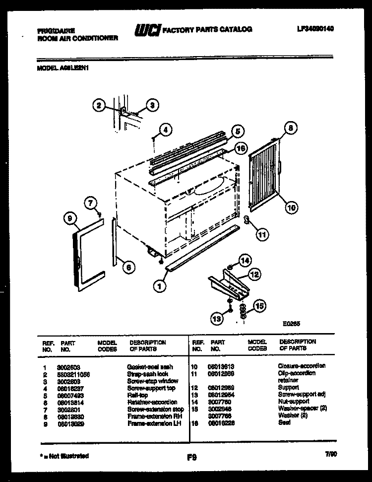 WINDOW MOUNTING PARTS Diagram and Parts List for A08LE2N1  Frigidaire Air Conditioner