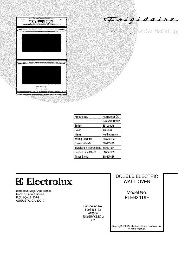 COVER Diagram and Parts List for PLEB30T9FCC  Frigidaire Wall Oven