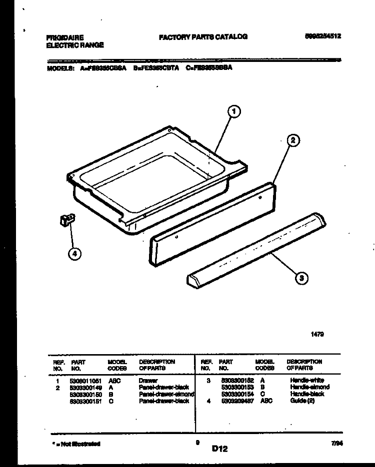 DRAWER PARTS Diagram and Parts List for FES355CBSA  Frigidaire Range