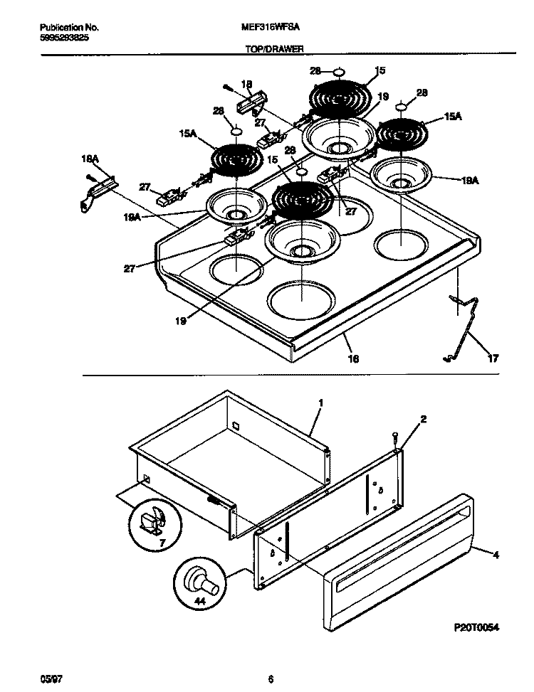 TOP / DRAWER Diagram and Parts List for MEF316WFSA  Frigidaire Range