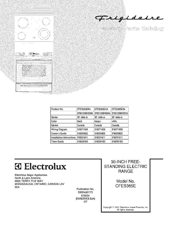 COVER Diagram and Parts List for CFES365EQ4  Frigidaire Range