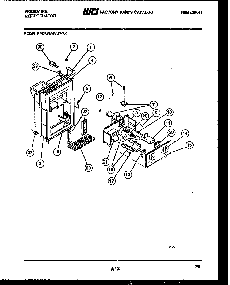 ICE DOOR, DISPENSER AND WATER TANKS Diagram and Parts List for FPCEW24VWPW0  Frigidaire Refrigerator