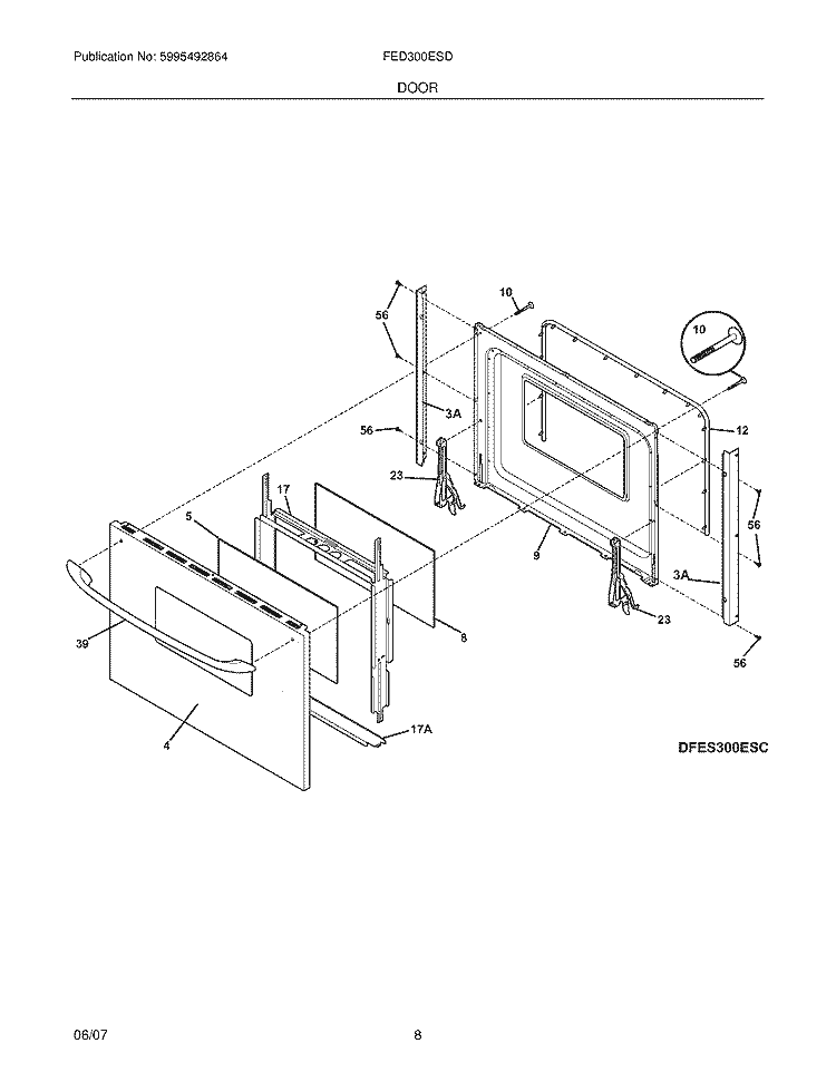 DOOR Diagram and Parts List for FED300ESD  Frigidaire Range