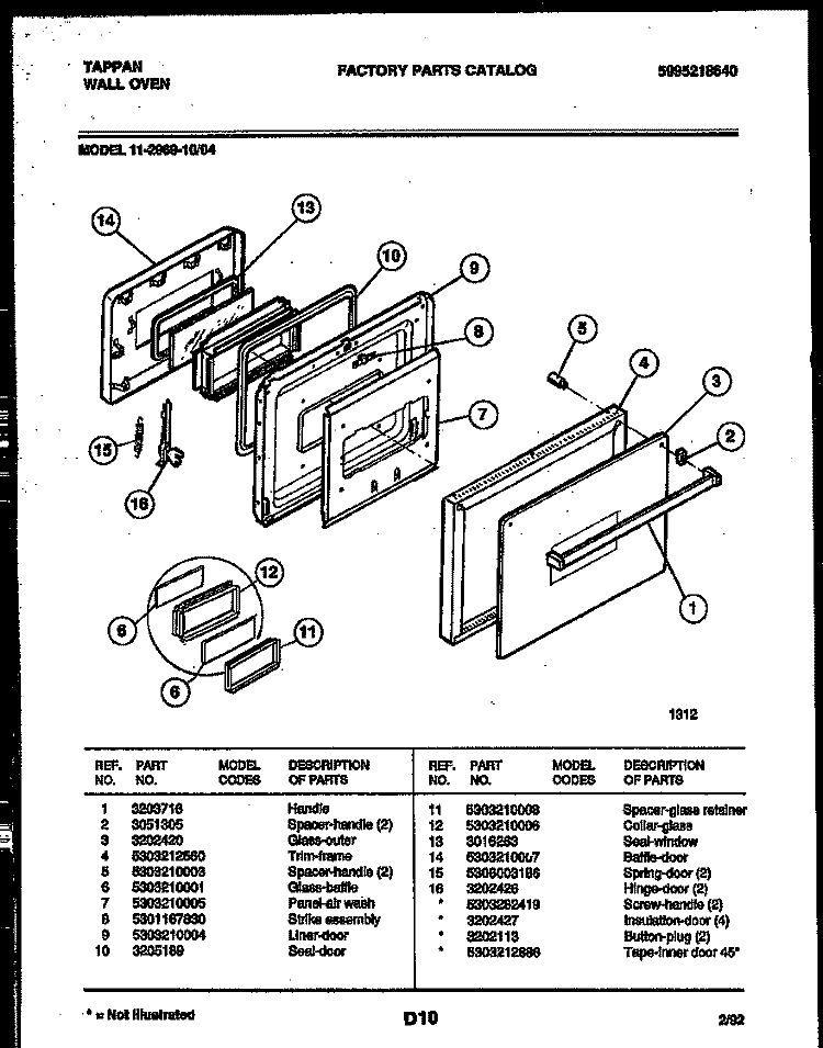 DOOR PARTS Diagram and Parts List for 11-2969-00-04  Tappan Wall Oven