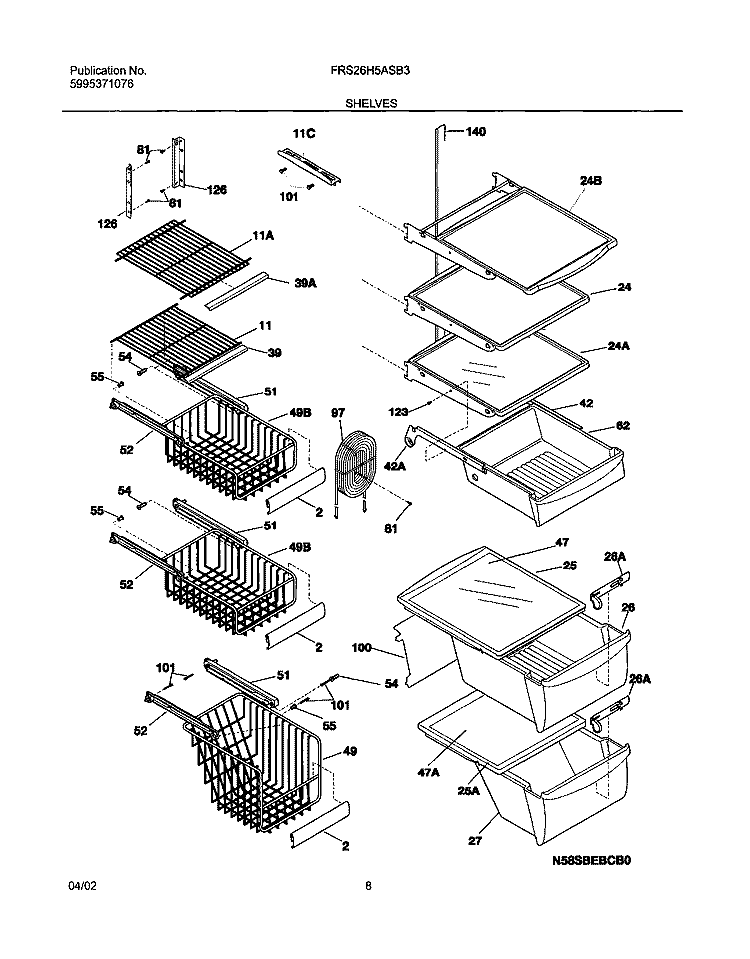SHELVES Diagram and Parts List for FRS26H5ASB3  Frigidaire Refrigerator