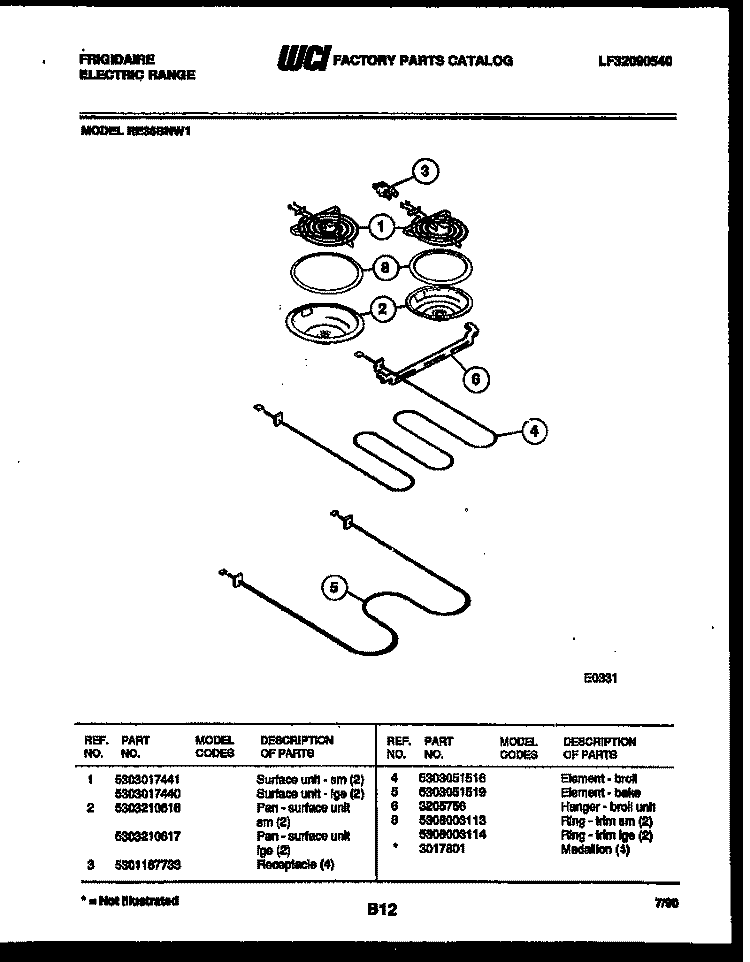 BROILER PARTS Diagram and Parts List for RE36BNW1  Frigidaire Range