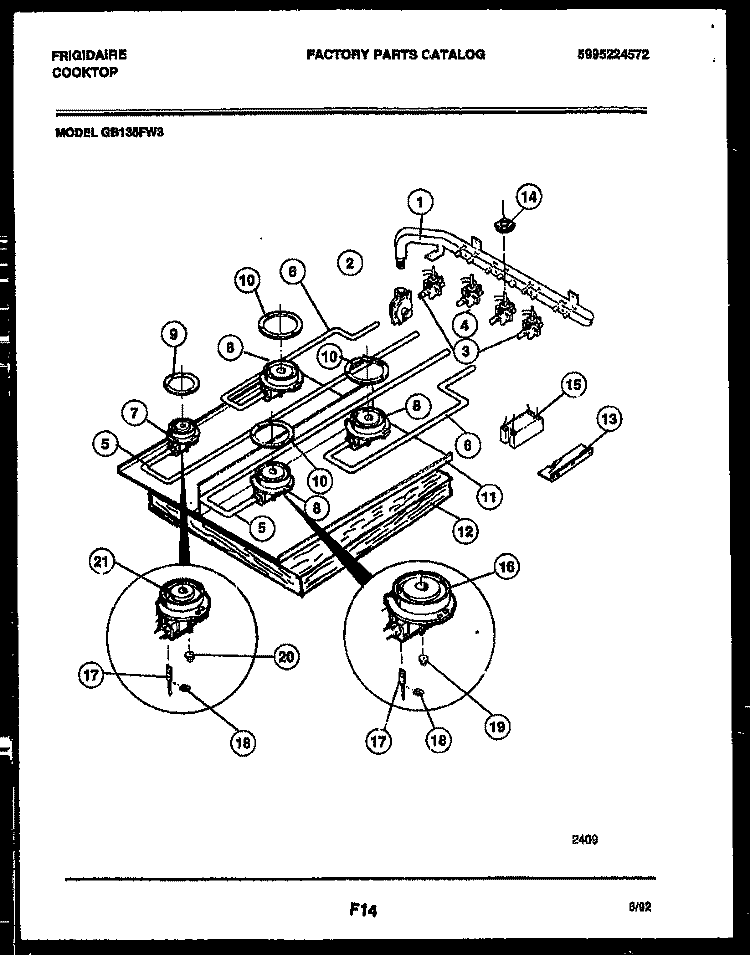 BURNER PARTS Diagram and Parts List for GB135FM3  Frigidaire Cooktop