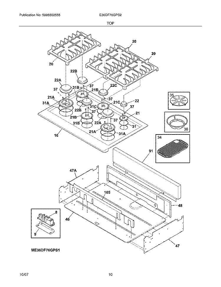 TOP Diagram and Parts List for E36DF76GPS2  Electrolux Range