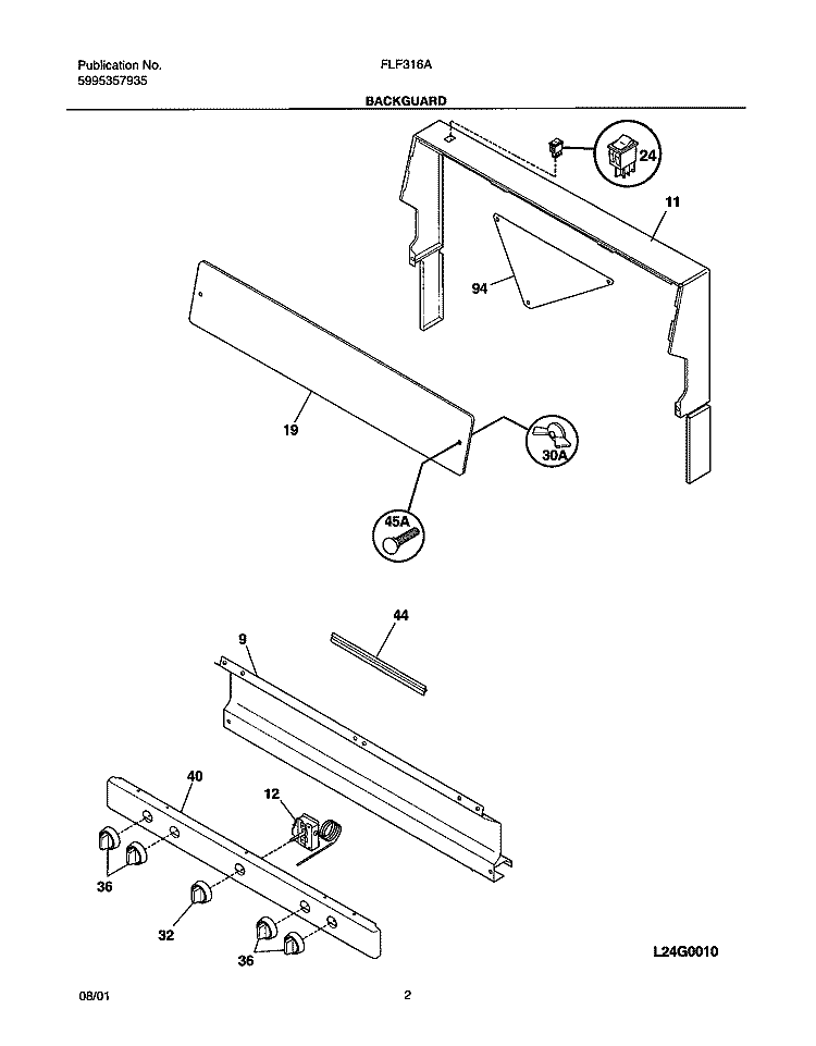 BACKGUARD Diagram and Parts List for FLF316AQA  Frigidaire Range
