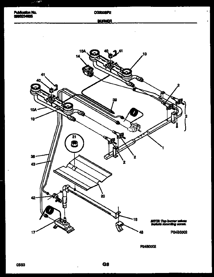 BURNER, MANIFOLD AND GAS CONTROL Diagram and Parts List for CG300SP2W2  Frigidaire Range