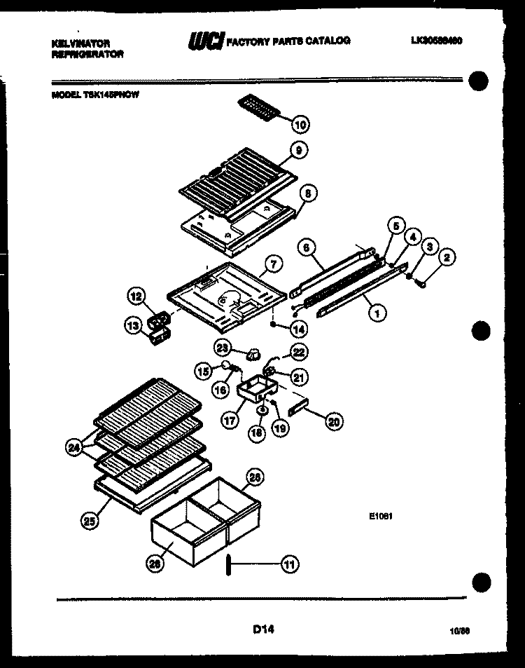 SHELVES AND SUPPORTS Diagram and Parts List for TSK145PN0V  Kelvinator Refrigerator