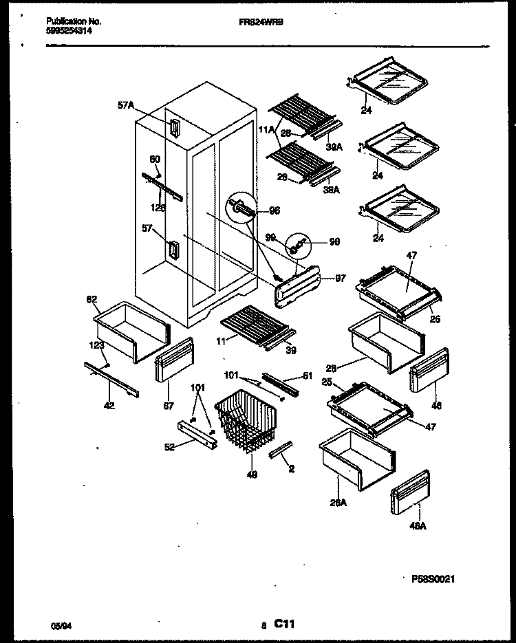 SHELVES AND SUPPORTS Diagram and Parts List for FRS24WRBW0  Frigidaire Refrigerator