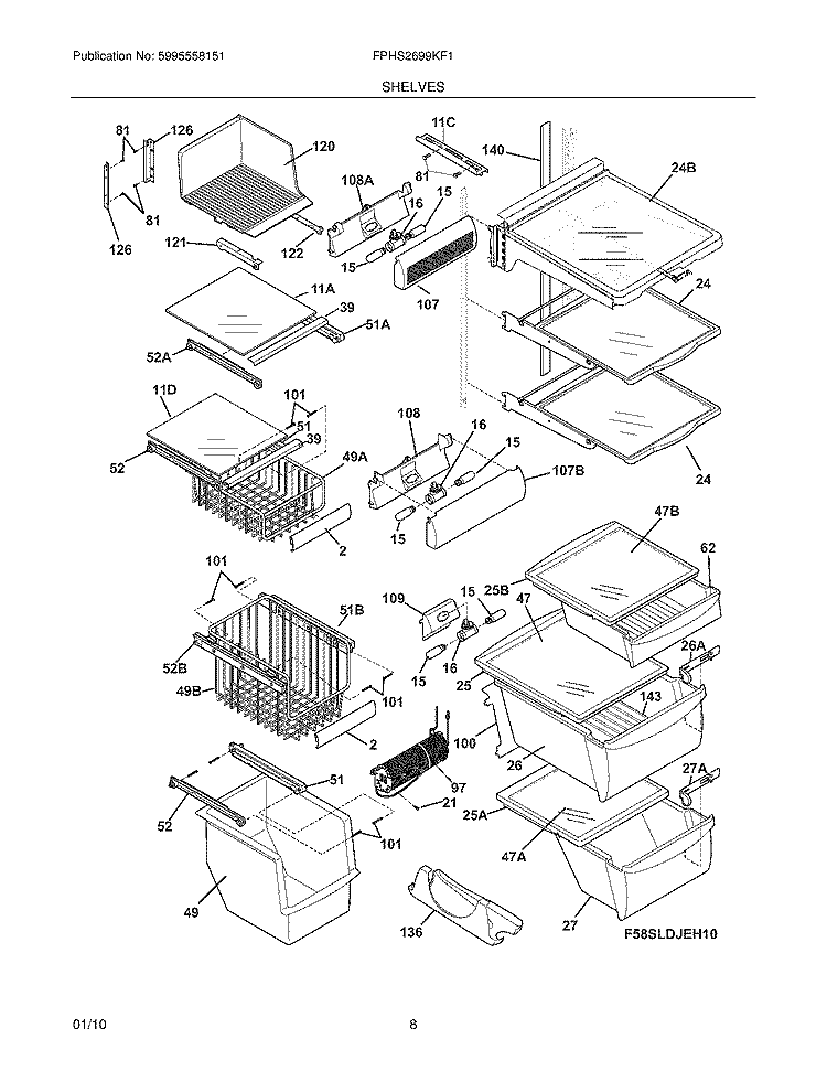 SHELVES Diagram and Parts List for FPHS2699KF1  Frigidaire Refrigerator