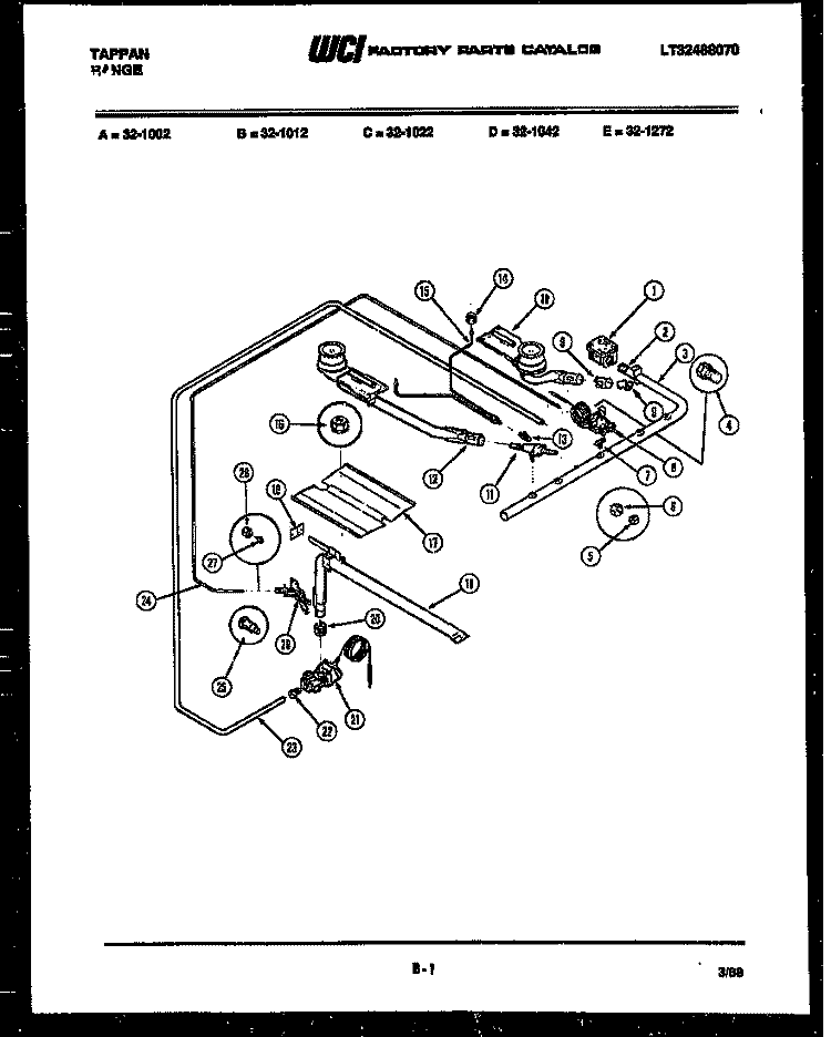 BURNER, MANIFOLD AND GAS CONTROL Diagram and Parts List for 32-1022-57-08  Tappan Range