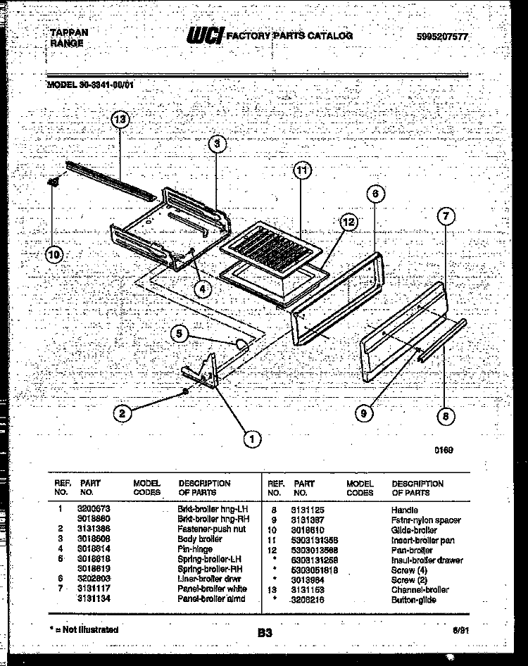 BROILER DRAWER PARTS Diagram and Parts List for 30-3341-23-01  Tappan Range