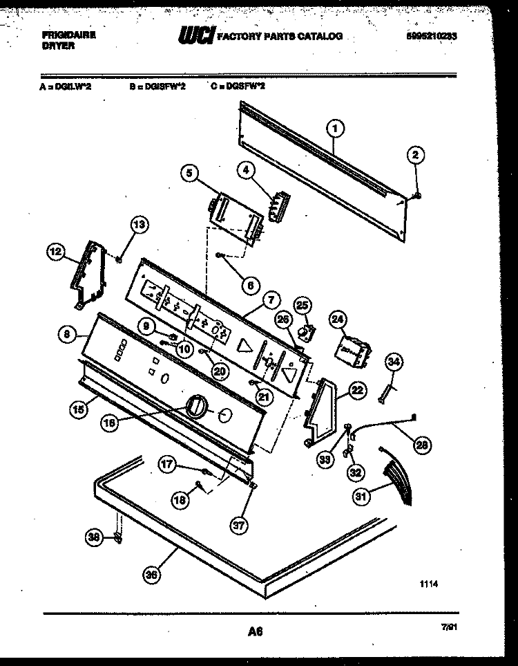 CONSOLE AND CONTROL PARTS Diagram and Parts List for DGILW2  Frigidaire Dryer
