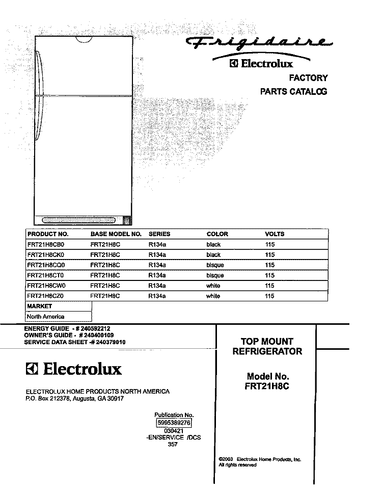 COVER Diagram and Parts List for FRT21H8CQ0  Frigidaire Refrigerator