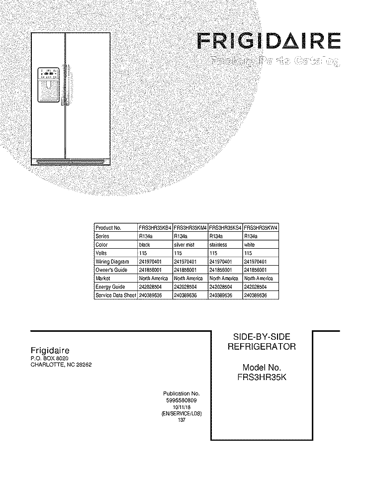 COVER Diagram and Parts List for FRS3HR35KW4  Frigidaire Refrigerator