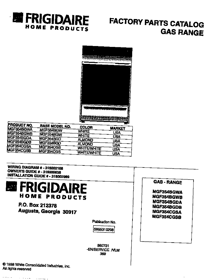 COVER Diagram and Parts List for MGF354BGDA  Frigidaire Range
