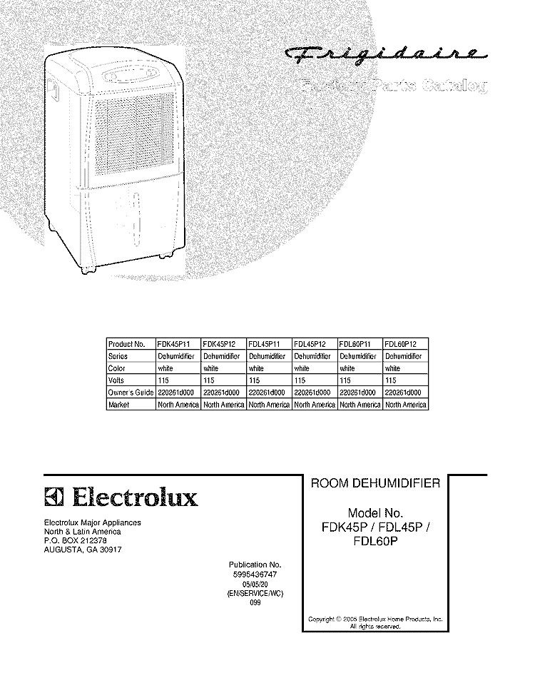 COVER Diagram and Parts List for FDL60P12  Frigidaire Dehumidifier
