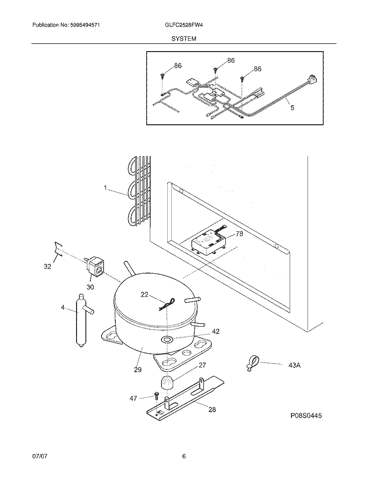 SYSTEM Diagram and Parts List for GLFC2528FW4  Frigidaire Freezer
