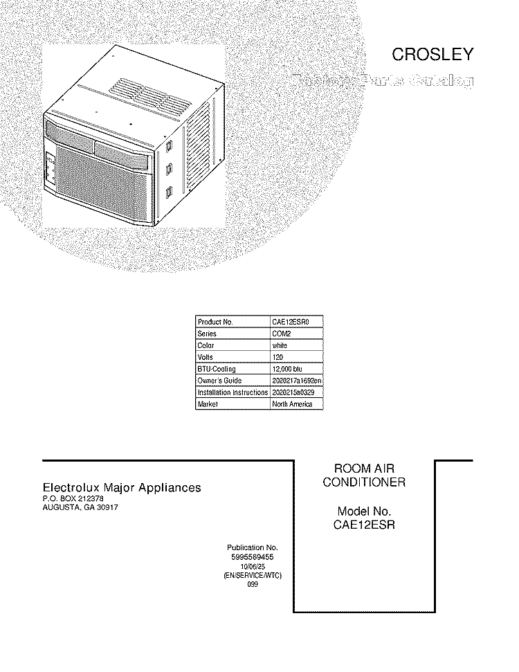 COVER Diagram and Parts List for CAE12ESR0  Crosley Air Conditioner