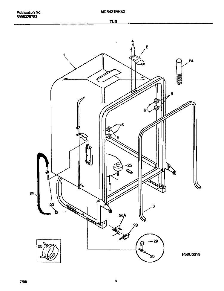 TUB Diagram and Parts List for MDB421RHS0  Frigidaire Dishwasher