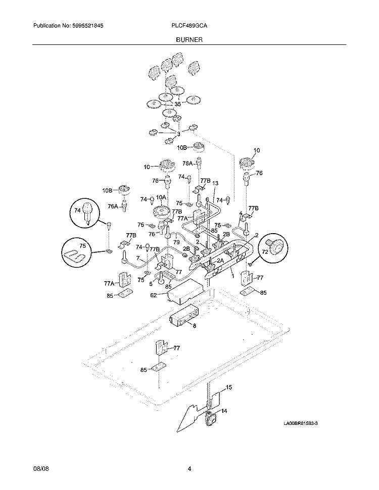 BURNER Diagram and Parts List for PLCF489GCA  Frigidaire Range