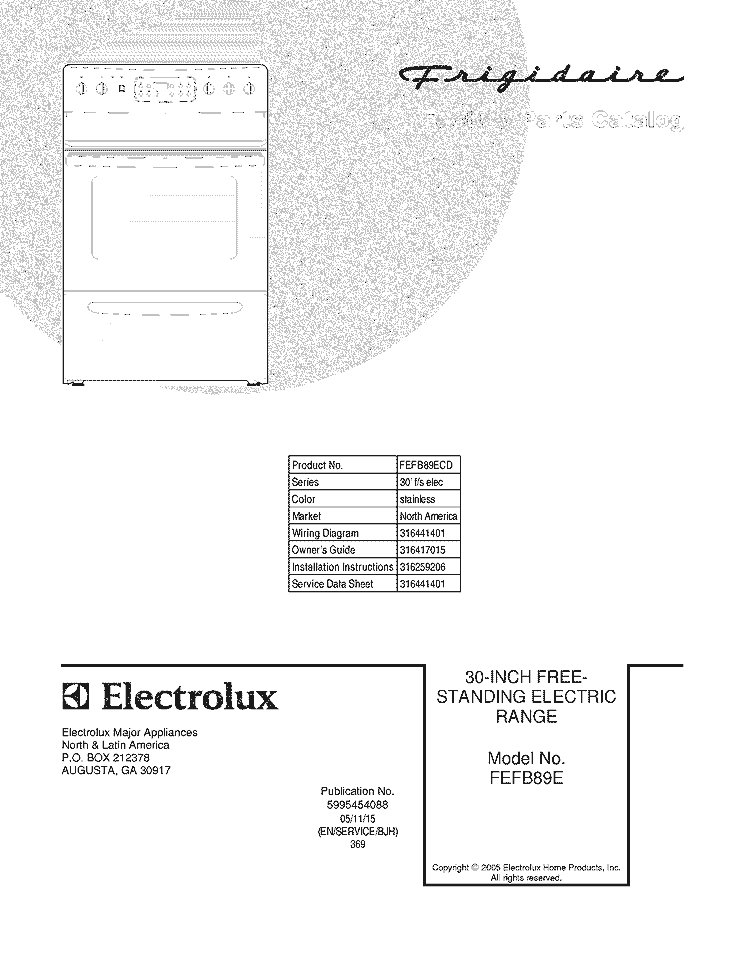 COVER Diagram and Parts List for FEFB89ECD  Frigidaire Range