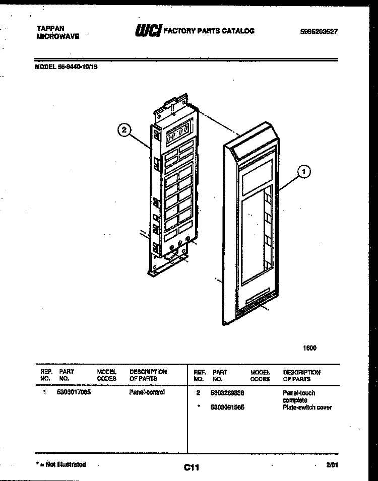 CONTROL PANEL Diagram and Parts List for 56-9440-10-15  Tappan Microwave