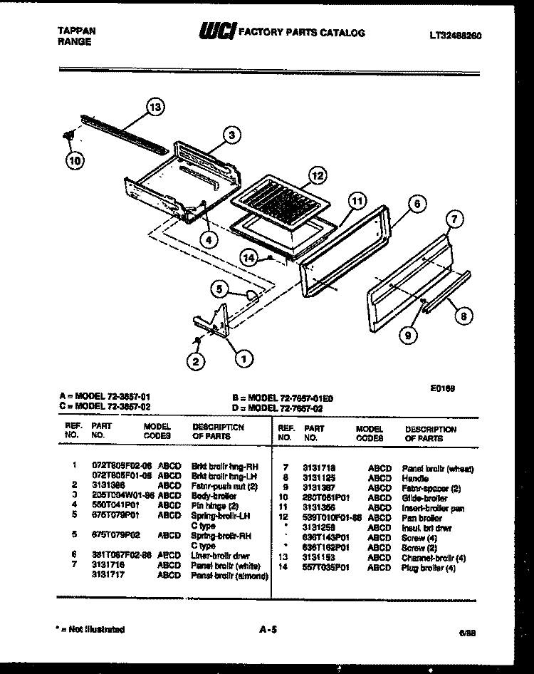 BROILER DRAWER PARTS Diagram and Parts List for 72-3657-23-02  Tappan Range